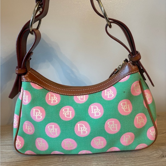 ☀️Dooney & Bourke Green & Pink Logo Polka Dot Canvas Shoulder Bag - Picture 3 of 7